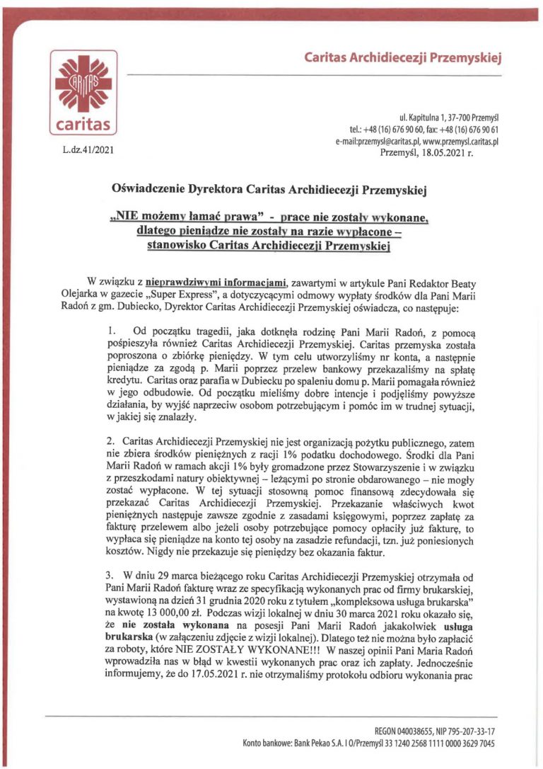Oświadczenie Dyrektora Caritas Archidiecezji Przemyskiej